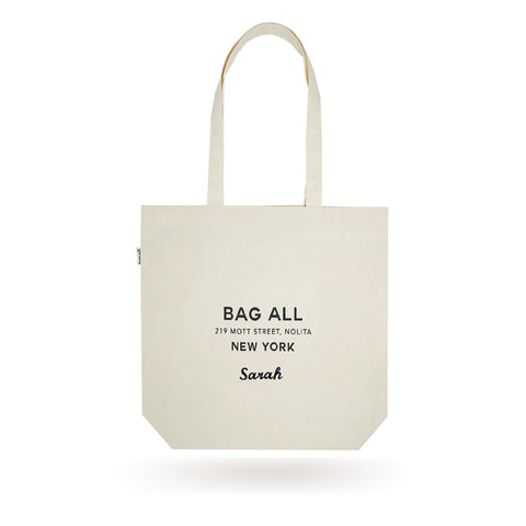 Bag-all New York City Tote with Zipper, cream cotton canvas tote bag featuring long handles, interior pocket, and classic Bag-all logo print for everyday use