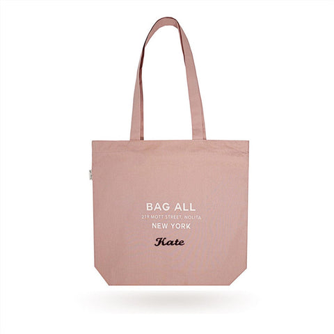 Bag-all New York City Pink Cotton Tote with Zipper and Inside Pocket - Personalized sustainable shopping bag with long handles and embroidered text in blush color