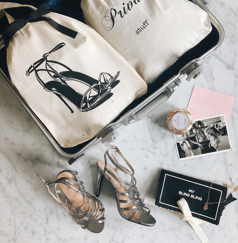 Bag-all High Heel Sandal Shoe Bag in cream cotton with elegant black stiletto print, perfect for travel organization and shoe storage, featuring drawstring closure