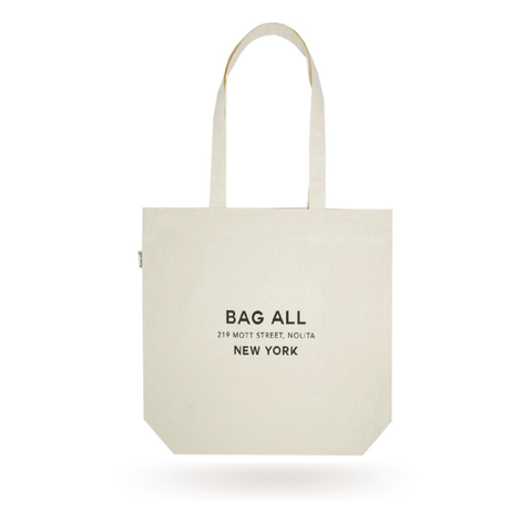 Bag-all New York City Tote - cream cotton zippered tote bag with interior pocket, featuring Bag-all logo and Nolita address, perfect for everyday use