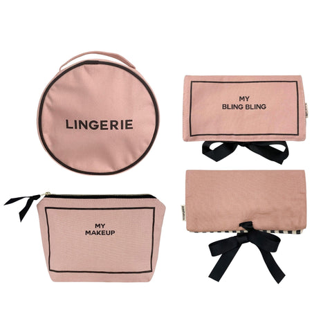 Bag-all Deal Gift Set for Her featuring pink cotton organizer cases for lingerie, makeup, and jewelry with black bow details and text embroidery, perfect for stylish storage