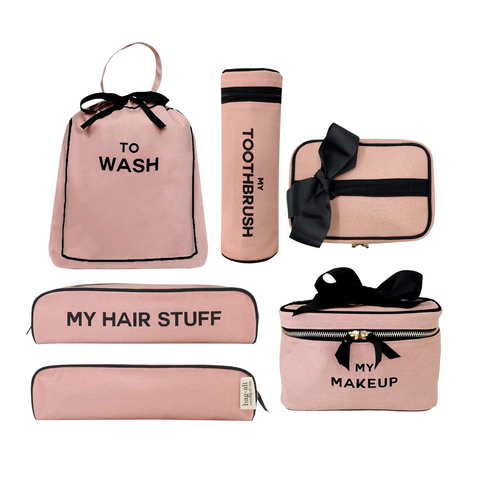 Bag-all Deal Gift Set featuring pink cotton travel essentials: To Wash laundry bag, makeup box, hair stuff case, and toothbrush holder with black bow accents and striped lining