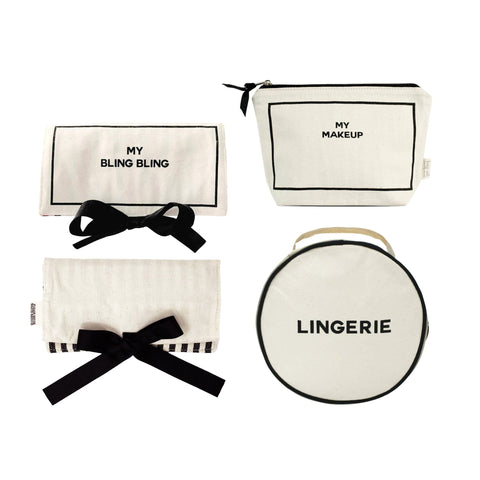 Bag-all Deal Gift Set for Her featuring cream cotton cases for makeup, lingerie, and jewelry with black text and bows, perfect for stylish organization