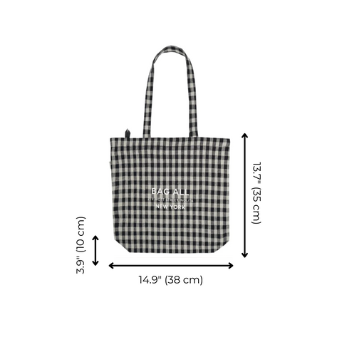 Bag-all New York City Gingham Tote featuring black and white check pattern, zipper closure, interior pocket, linen construction, measuring 15x14 inches with comfortable handles