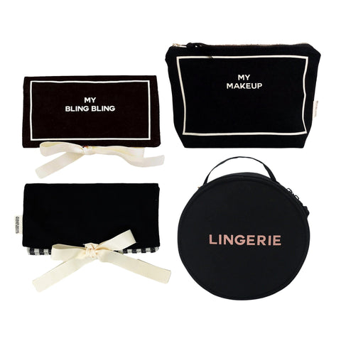 Bag-all Deal Gift Set for Her featuring black cotton travel cases: round lingerie case, jewelry case, and makeup case with elegant white ribbon accents and stylish text labels