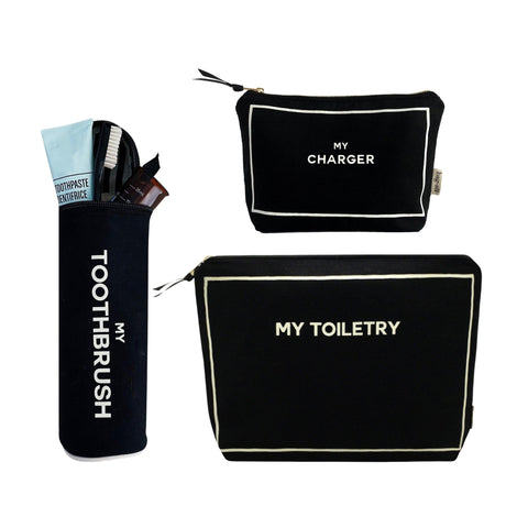 Bag-all Best Deal Gift Set: black cotton travel organizer bundle featuring Toothbrush, Toiletry, and Charger cases with striped lining and customizable monogram options