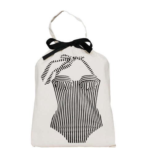Bag-all Bretagne Swimsuit Travel Bag in cream with vintage-style striped swimsuit print and black bow, featuring drawstring closure and cotton construction