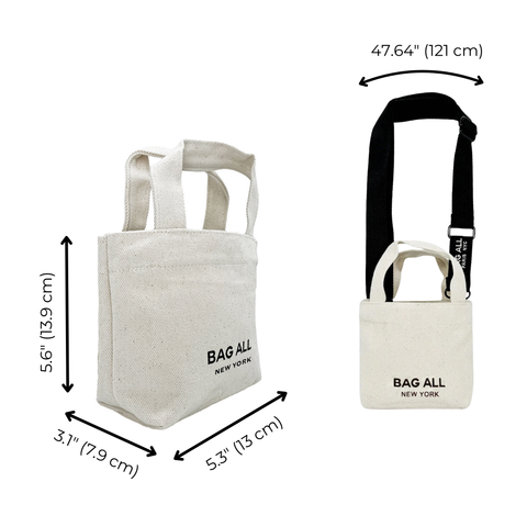 Bag-all Mini Tote Bag with Strap in cream cotton, featuring inside pocket and adjustable shoulder strap. Product dimensions shown with front and side views of the eco-friendly carryall.