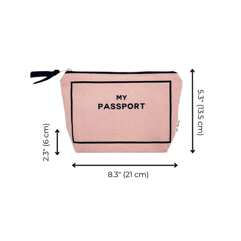 Bag-all Passport Pouch in blush pink cotton, featuring gold zipper and "MY PASSPORT" text, measuring 8.3" x 5.3" with black trim detail