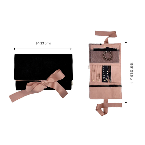 Bag-all Large Jewelry Roll in black velvet with pink bow, showing closed exterior and open interior with multiple compartments and hanging hook for travel organization