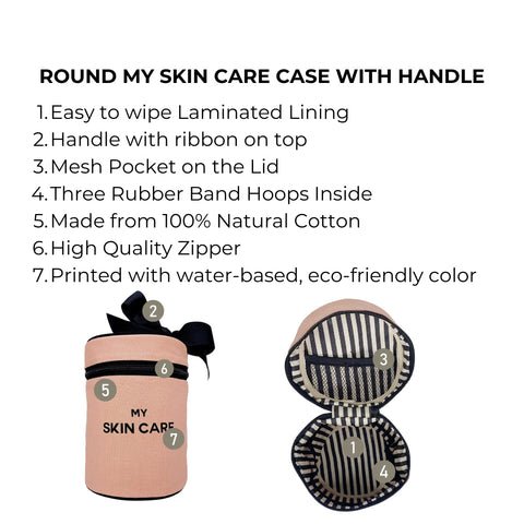 Bag-all Round Skin Care Case with Handle in Pink featuring laminated lining, mesh lid pocket, rubber bands, and eco-friendly cotton construction with bow detail for organized beauty storage