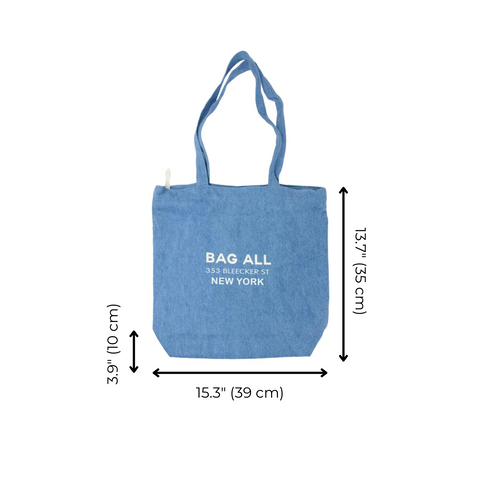Bag-all New York City denim tote bag with zipper and interior pocket, featuring logo design and comfortable straps, measuring 15.3" x 13.7", perfect for everyday use