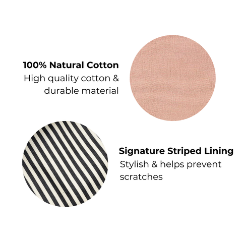 Bag-all Couture Jewelry Roll Medium in pink cotton with black-white striped lining, showcasing material swatches highlighting natural cotton texture and signature striped pattern design