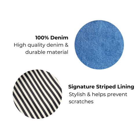 Bag-all Denim Earbuds Case with gold clasp featuring 100% high-quality denim exterior and protective striped lining, designed for AirPods and wireless earphones storage and protection