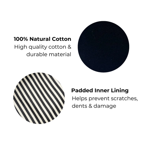 Bag-all Tablet Case 11" black cotton case with charger pocket features padded striped inner lining and premium natural materials, perfect for protecting devices from scratches and damage