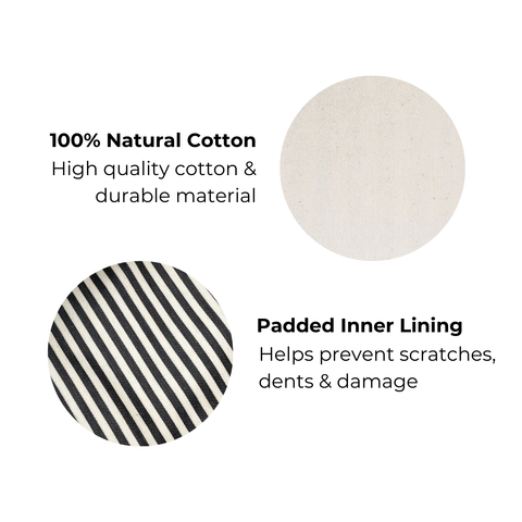 Bag-all Glasses Case with Outside Pocket in Cream featuring natural cotton exterior and striped padded inner lining for premium protection, with convenient storage pocket