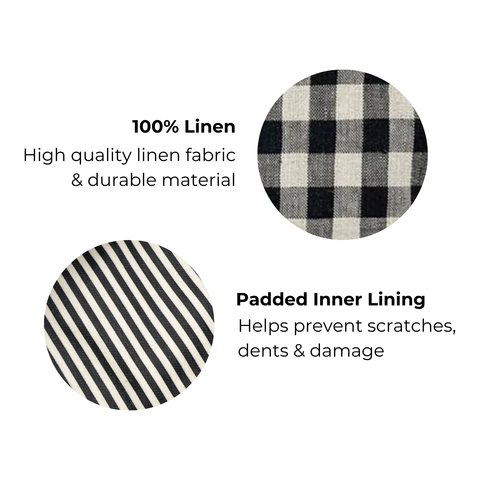 Bag-all Tablet Case 11" in black and white gingham linen fabric with padded striped inner lining, featuring protective padding and charger pocket. Premium protective tablet sleeve.