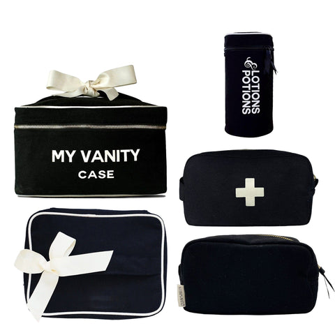 Beauty Gift Set 3-Pack, Black featuring My Vanity Case, Lotions & Potions Case, First Aid Pouch, and accessory pouches