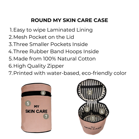 Bag-all Round My Skin Care Case in Pink/Blush features eco-friendly cotton construction, laminated interior, mesh lid pocket, three organization pockets and rubber bands for secure skincare storage