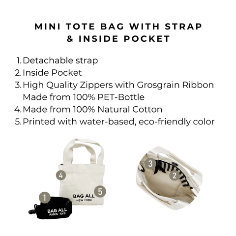 Bag-all Mini Tote Bag with Strap and Inside Pocket in cream cotton, featuring detachable strap, eco-friendly materials, and internal organization pocket with high-quality grosgrain ribbon zipper