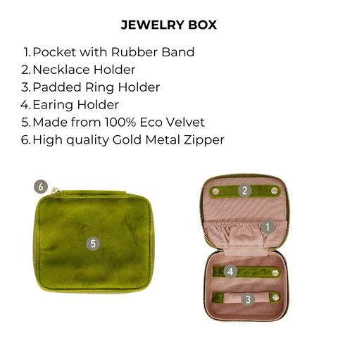 Bag-all Cute Jewelry Box in green recycled velvet with monogram option featuring organized compartments, gold zipper, and holders for rings, necklaces, and earrings
