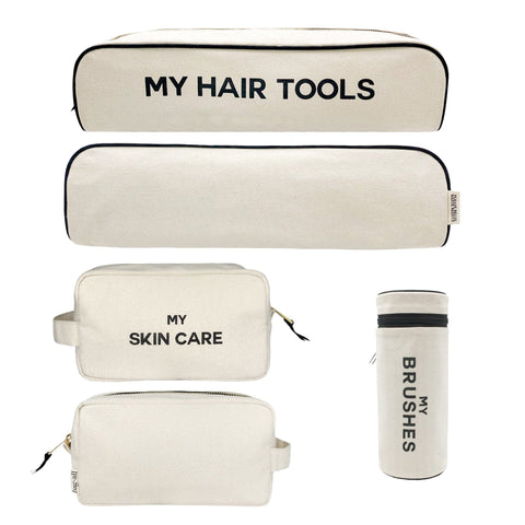 Bag-all Pamper Gift Set Deal 3-Pack Cream featuring natural cotton organizers: Hair Tools case, Brushes holder, and Skin Care pouch in elegant cream with black text, perfect for beauty essentials storage