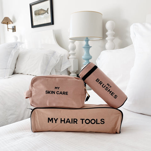 Bag-all Pamper Gift Set Deal 3-Pack in Pink/Blush featuring organized beauty storage with Hair Tools Case, Brushes Case, and Skin Care Pouch, perfect for travel and home organization in natural cotton