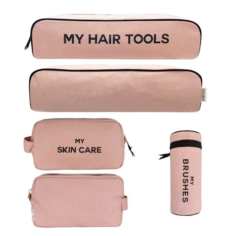 Bag-all Pamper Gift Set 3-Pack featuring pink cotton cases: Hair Tools Travel Case, Brushes Case, and Skin Care Pouch for organized beauty storage and travel essentials