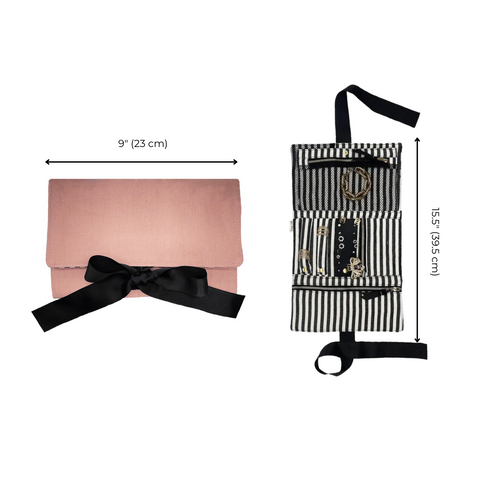 Bag-all Large Jewelry Roll in pink/blush with black bow, featuring striped interior compartments and secure closures, perfect for organizing and protecting jewelry while traveling, 9 inches wide