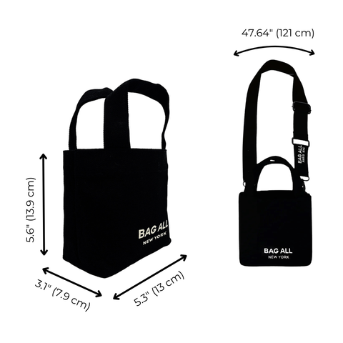 Bag-all Mini Tote Bag in black cotton with adjustable strap, interior pocket, and dimensions 5.6" x 5.3" x 3.1". Product images showing front and side views with measurements.