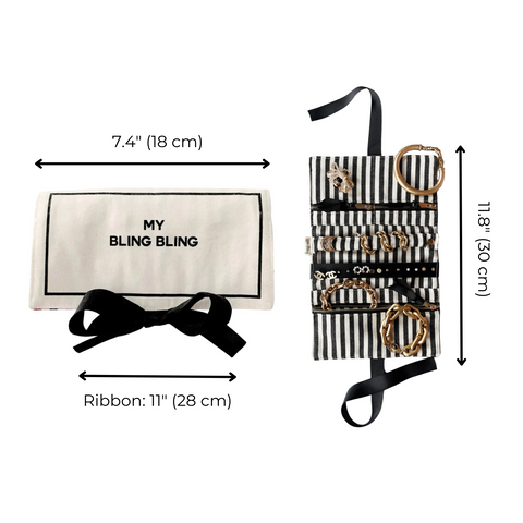 Bag-all Jewelry Organizer Travel Pouch in cream with striped interior, featuring multiple compartments, leather earring holder, and ring storage. Black bow accent and dimensions shown.