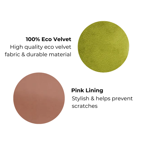 Bag-all Cute Jewelry Box features eco-friendly green velvet exterior and pink inner lining, showcasing sustainable materials with water-resistant and easy-clean properties for jewelry storage