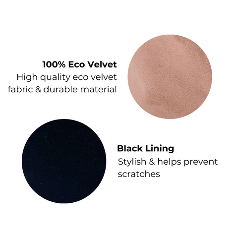 Bag-all Cute Jewelry Box in pink recycled velvet with black inner lining, showcasing eco-friendly material swatches: soft rose velvet texture and black interior