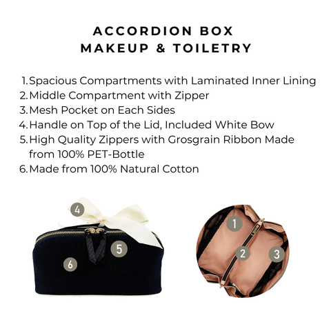 Bag-all Accordion Box Makeup & Toiletry in Black. Features spacious compartments, mesh pockets, eco-friendly zippers, and cotton fabric