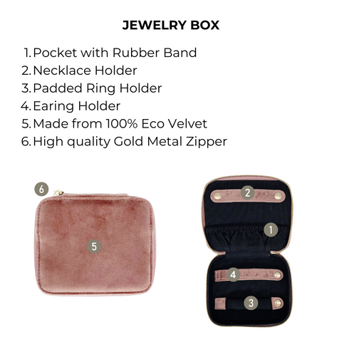Bag-all Cute Jewelry Box in pink recycled velvet with monogram option, featuring organized compartments for rings, necklaces, and earrings, gold zipper