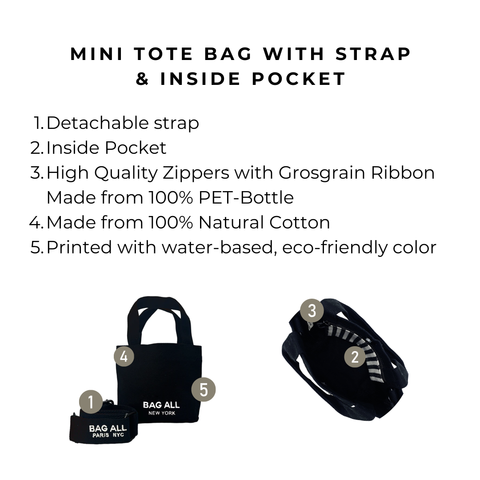 Bag-all Mini Tote Bag with Strap and Inside Pocket in black, featuring eco-friendly cotton construction, detachable strap, convenient interior pocket, and high-quality zippers with grosgrain ribbon detail