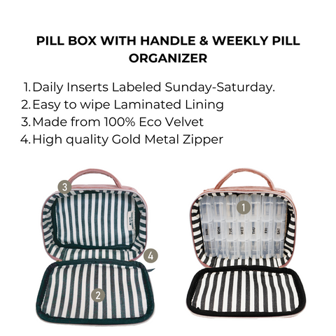 Bag-all Pink Velvet Pill Box with Handle & Weekly Organizer featuring eco-friendly velvet exterior, striped interior lining, 7-day compartments, gold zipper closure, and convenient carrying handle
