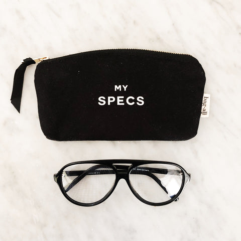 Bag-all Specs Glasses Case Black - stylish cotton canvas eyewear protection case with My Specs text print, zipper closure, shown with black glasses frame