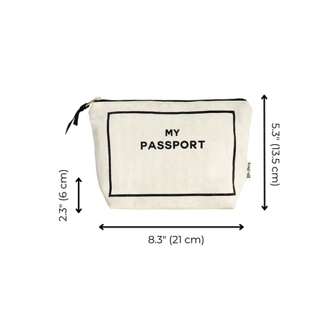Bag-all Passport Pouch in Cream - compact cotton travel organizer with black text 'MY PASSPORT', black border detail, and zipper closure. Size 8.3x5.23 inches.