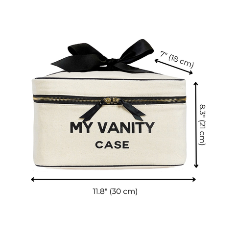 Bag-all My Vanity Large Beauty Box in cream with black ribbon and zipper detail, featuring waterproof lining and elegant text design, measures 11.8 x 8.3 x 7 inches