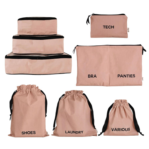 Bag-all BA Travel Set, 8-Pack in Pink/Blush. Includes packing cubes, shoe bag, laundry bag, tech pouch, and organizers for travel essentials