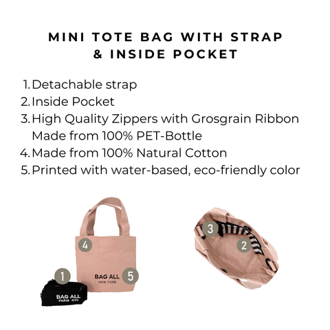 Bag-all Mini Tote Bag in Pink/Blush with detachable strap, interior pocket, eco-friendly cotton construction, featuring high-quality zippers and water-based printing for sustainable style
