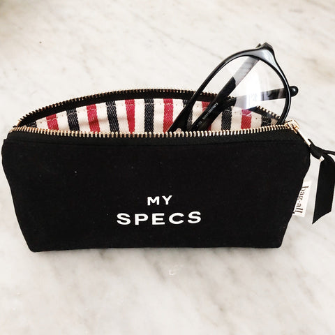 Bag-all Specs Glasses Case Black with striped interior lining, featuring 'MY SPECS' text in white, zipper closure, and protective cotton canvas design for eyewear storage