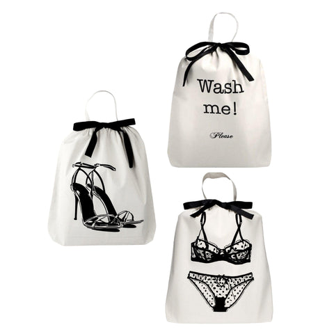 Bag-all Deal Gift Set featuring white cotton organizing bags with black prints - laundry bag, high heel shoe bag, and lingerie bag with ribbon closures