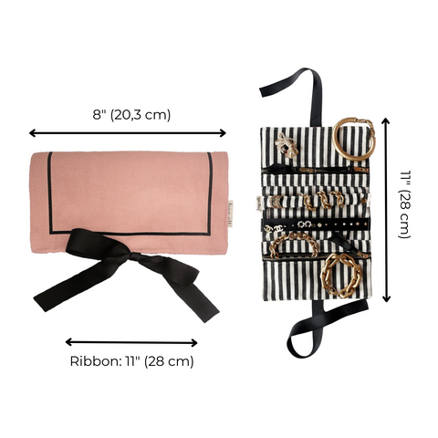 Bag-all Couture Jewelry Roll Medium in pink with striped lining, featuring multiple compartments for jewelry storage and black ribbon tie, shown folded and unfolded with measurements