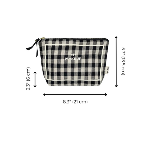 Bag-all My Makeup Pouch in black and white gingham pattern with coated lining, featuring gold zipper and printed text. Size: 8.3 x 5.7 inches (21 x 15 cm)
