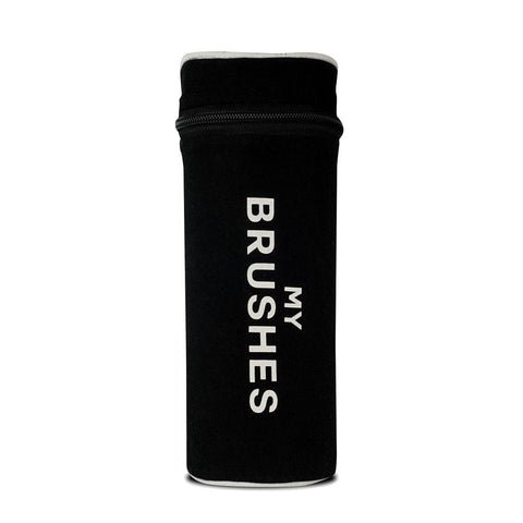 Bag-all Black Cylinder Brush Case with 'MY BRUSHES' text, perfect storage solution for makeup and hair brushes, featuring zippered closure and sleek design