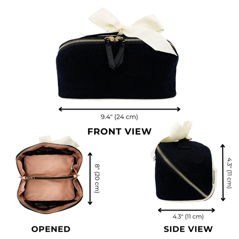 Accordion Box Makeup & Toiletry Black showing front, side, and opened views with gold zipper and cream ribbon bow.
