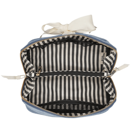 Bag-all Accordion Box Makeup & Toiletry with denim exterior and striped inner lining, gold zipper, and durable ribbon detail