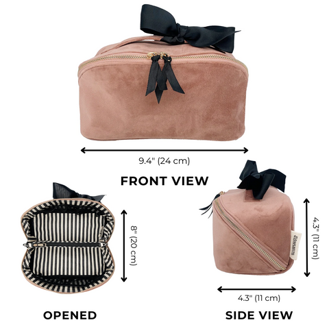 Accordion Box Makeup & Toiletry Pink Velvet with gold zipper, striped lining, black bow, and multiple compartments.
